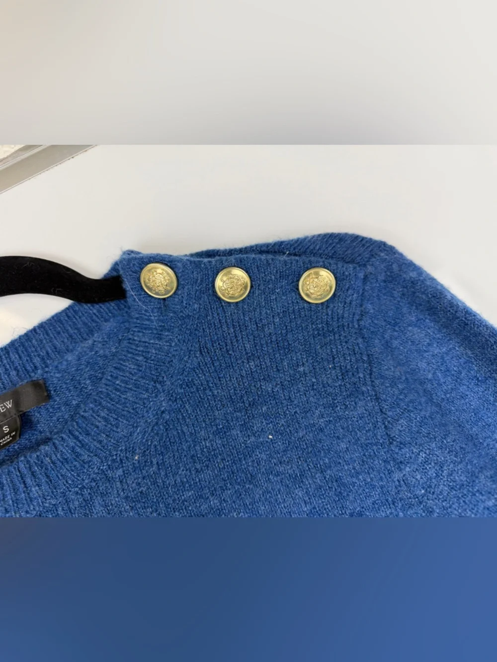 J. Crew Sz S Merino Wool Blend Royal Blue Button-Shoulder Crewneck Sweater
